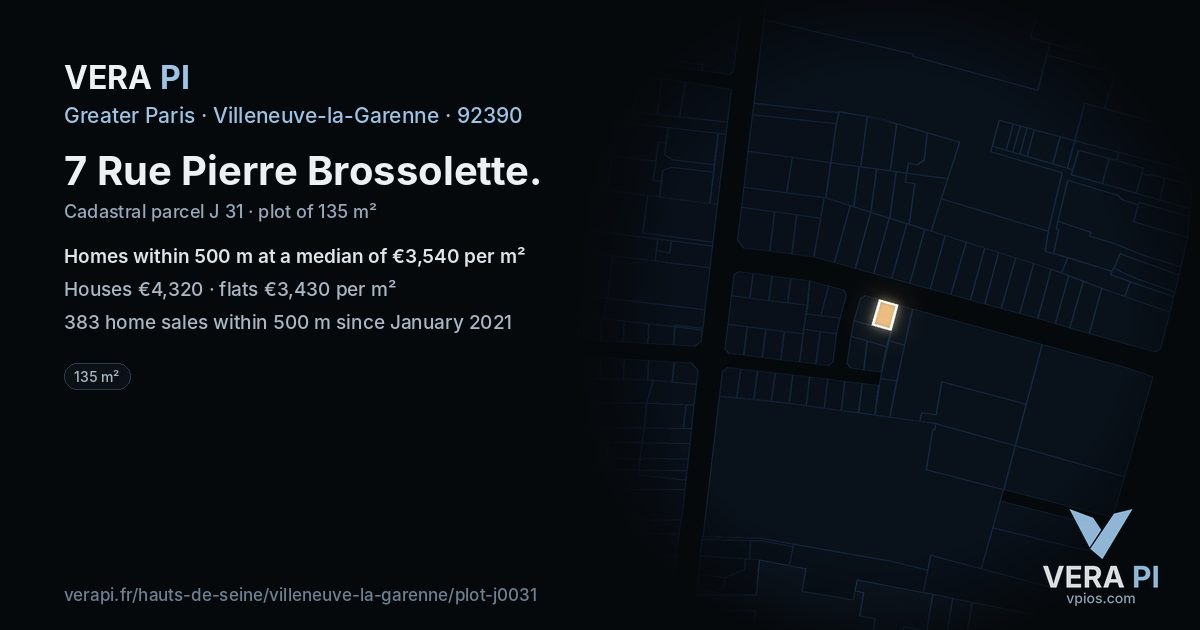 7 Rue Pierre Brossolette, Villeneuve-la-Garenne at night – the plot lit, the parcels around coloured by the prices near them