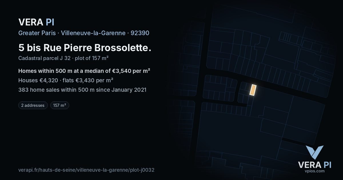 5 bis Rue Pierre Brossolette, Villeneuve-la-Garenne at night – the plot lit, the parcels around coloured by the prices near them