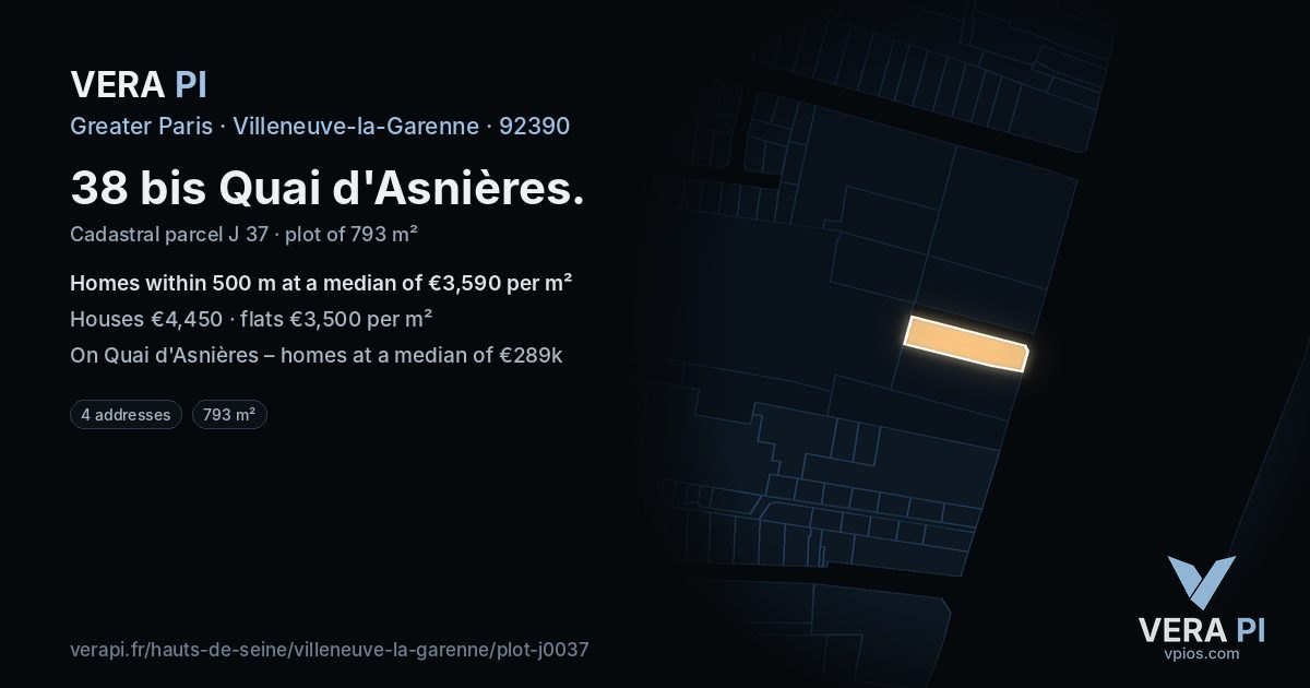 38 bis Quai d'Asnières, Villeneuve-la-Garenne at night – the plot lit, the parcels around coloured by the prices near them