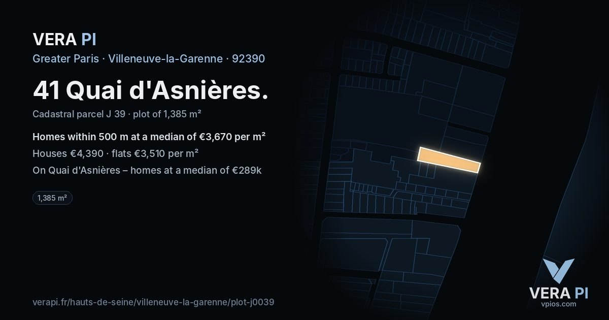 41 Quai d'Asnières, Villeneuve-la-Garenne at night – the plot lit, the parcels around coloured by the prices near them