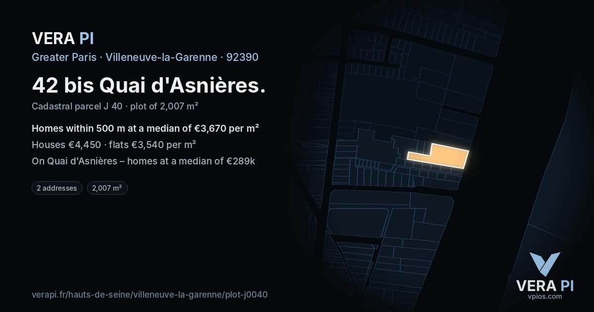 42 bis Quai d'Asnières, Villeneuve-la-Garenne at night – the plot lit, the parcels around coloured by the prices near them