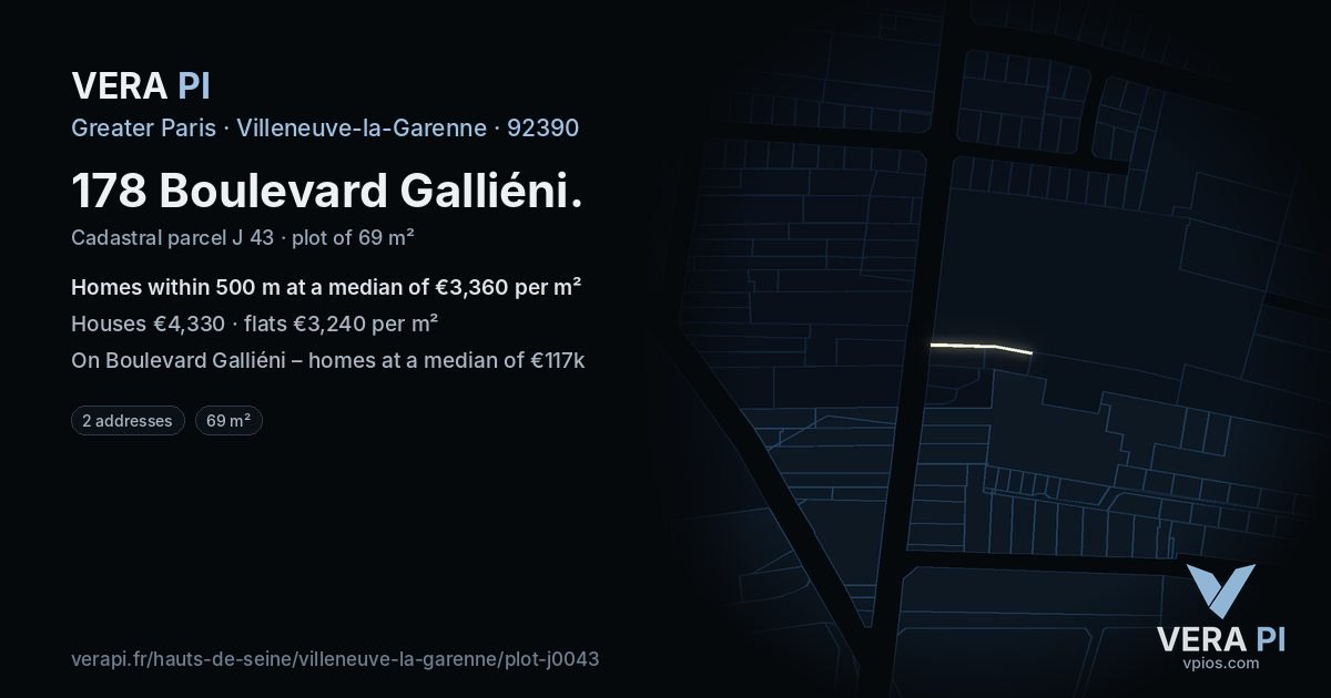 178 Boulevard Galliéni, Villeneuve-la-Garenne at night – the plot lit, the parcels around coloured by the prices near them