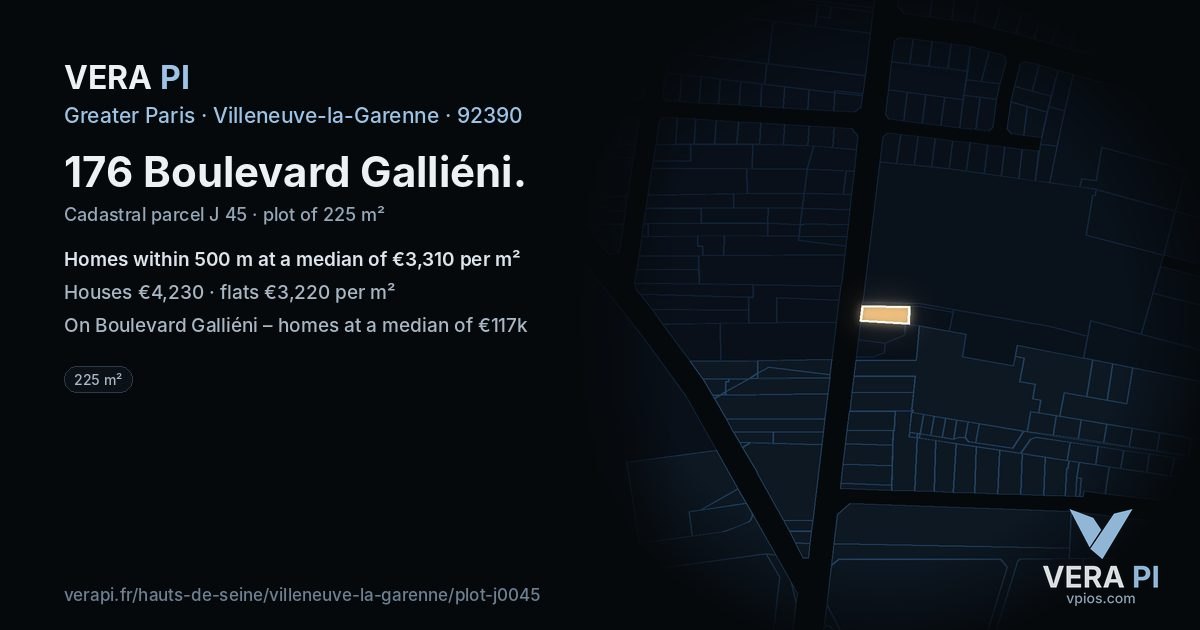 176 Boulevard Galliéni, Villeneuve-la-Garenne at night – the plot lit, the parcels around coloured by the prices near them