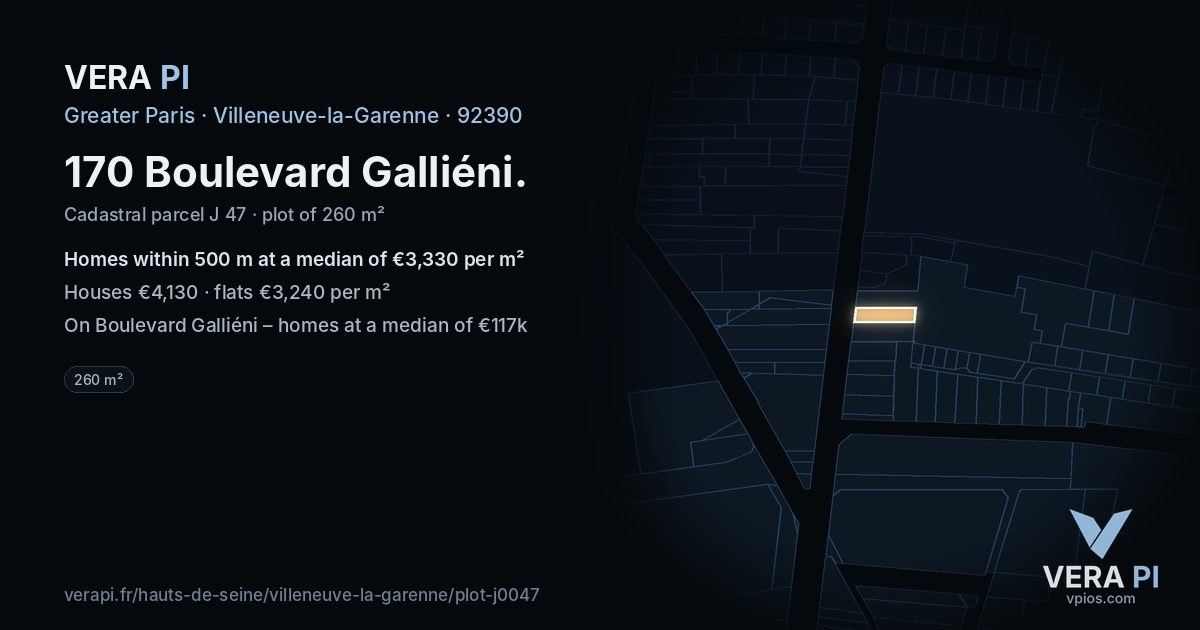 170 Boulevard Galliéni, Villeneuve-la-Garenne at night – the plot lit, the parcels around coloured by the prices near them