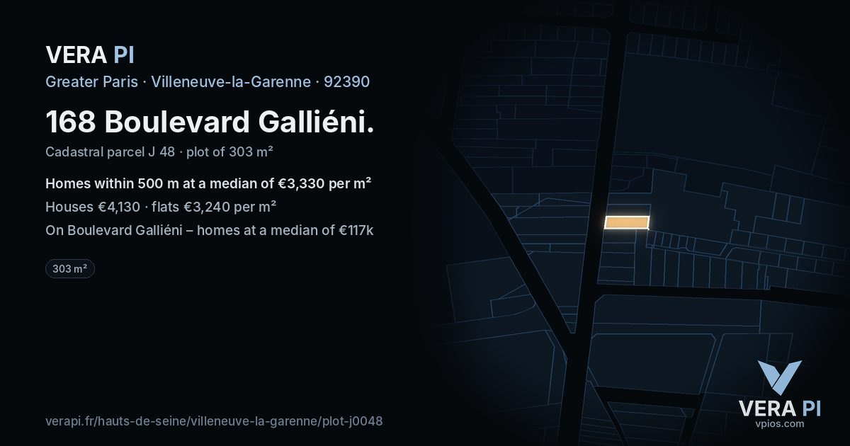 168 Boulevard Galliéni, Villeneuve-la-Garenne at night – the plot lit, the parcels around coloured by the prices near them