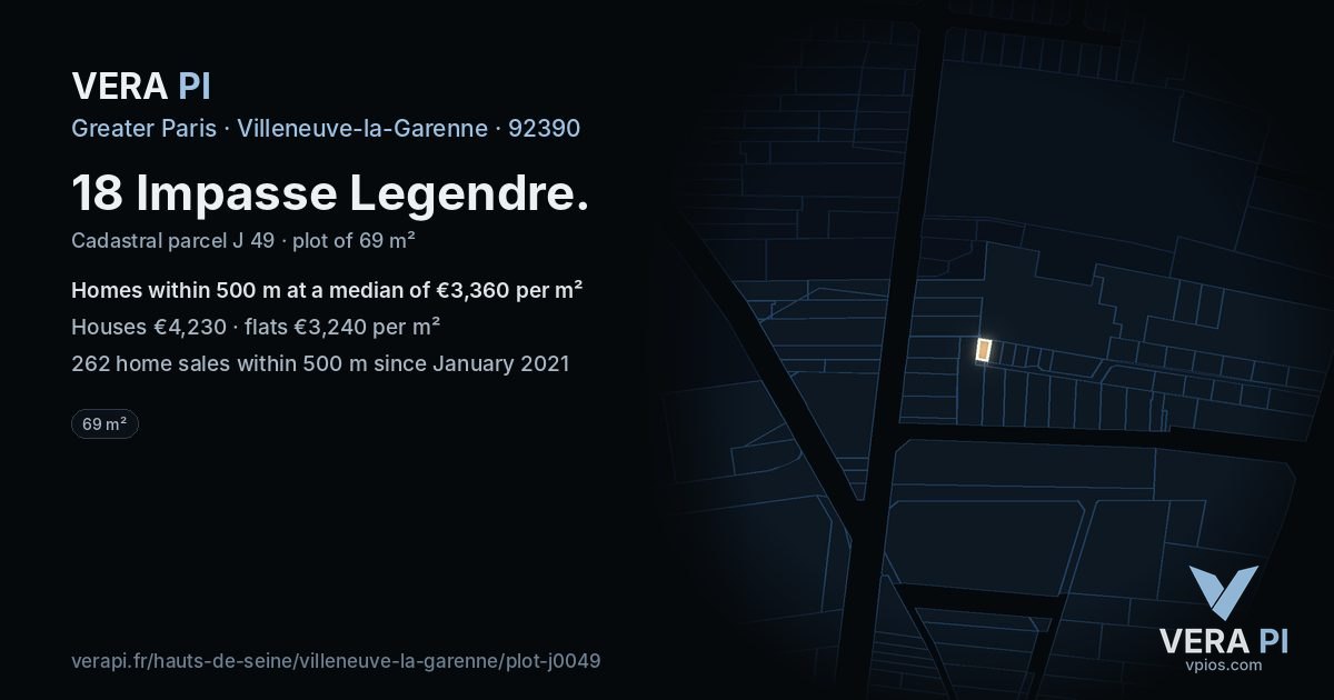 18 Impasse Legendre, Villeneuve-la-Garenne at night – the plot lit, the parcels around coloured by the prices near them