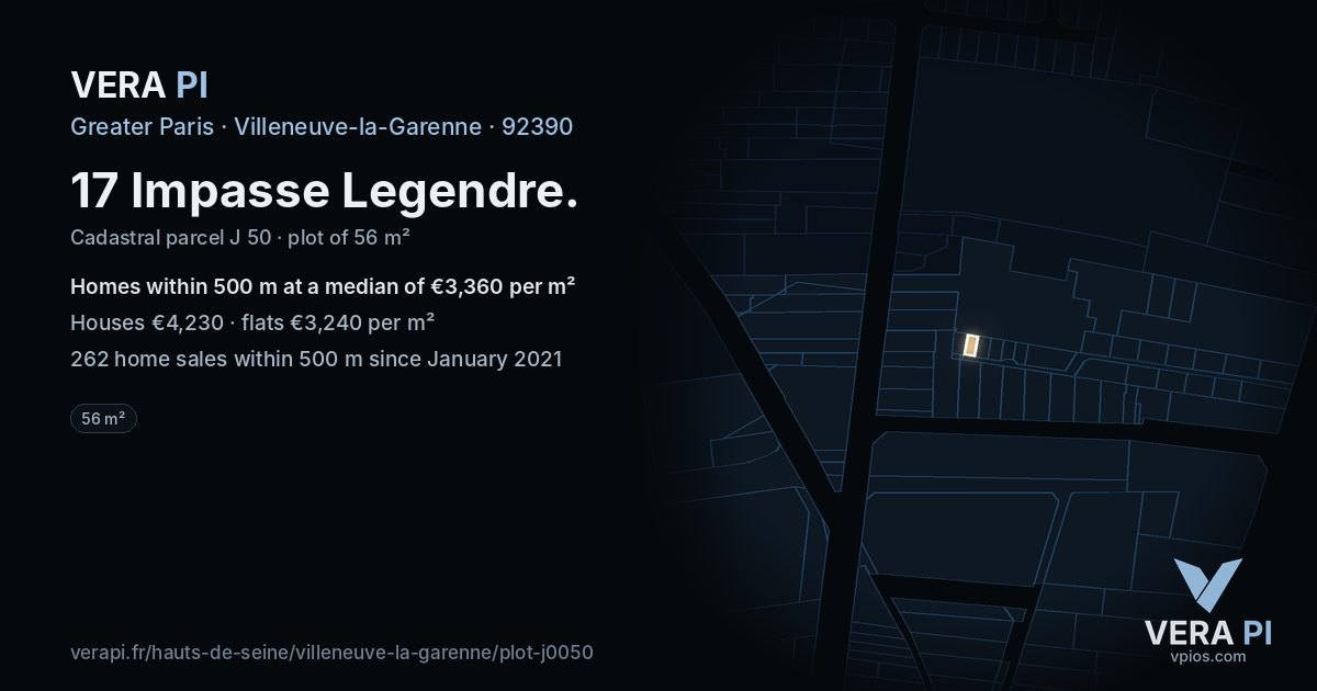 17 Impasse Legendre, Villeneuve-la-Garenne at night – the plot lit, the parcels around coloured by the prices near them