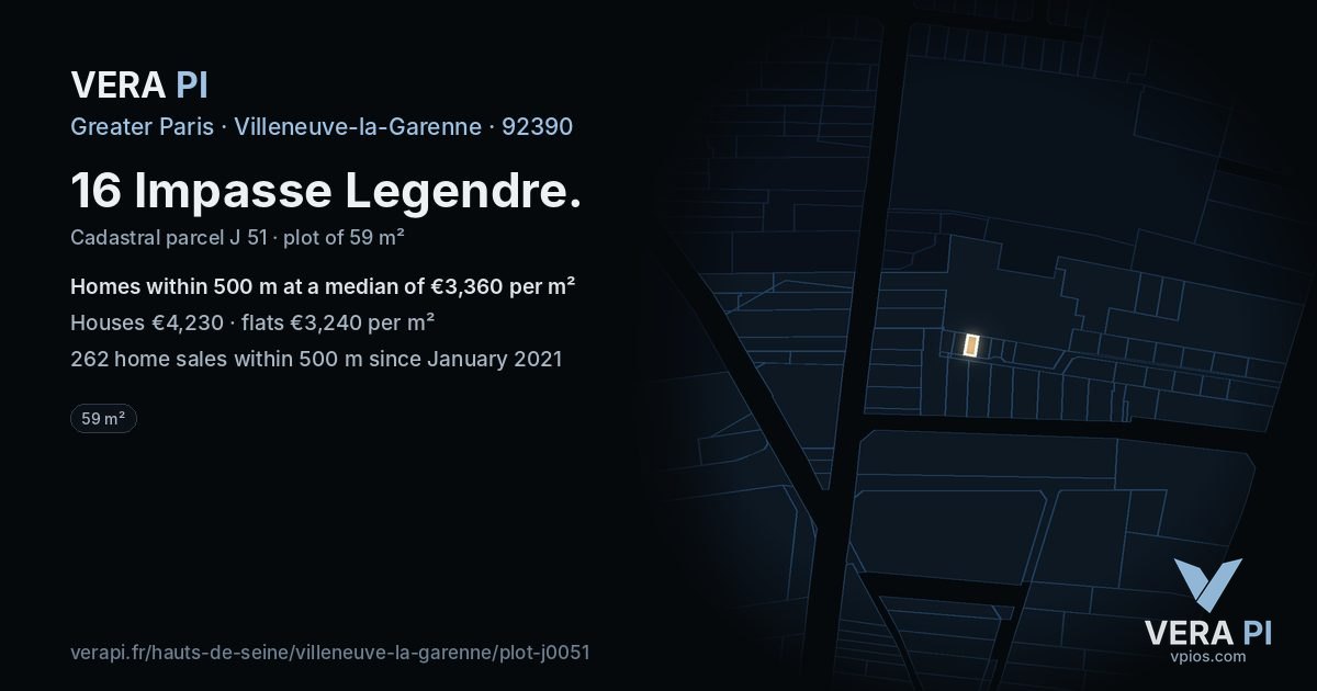 16 Impasse Legendre, Villeneuve-la-Garenne at night – the plot lit, the parcels around coloured by the prices near them