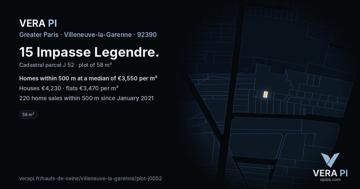 15 Impasse Legendre, Villeneuve-la-Garenne at night – the plot lit, the parcels around coloured by the prices near them