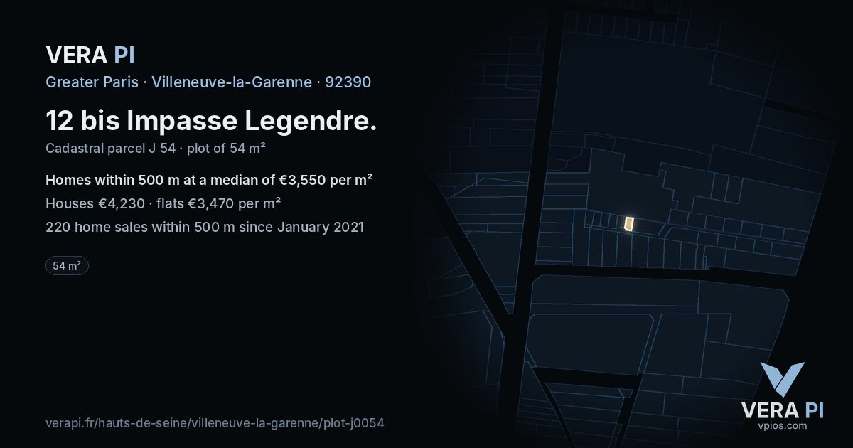 12 bis Impasse Legendre, Villeneuve-la-Garenne at night – the plot lit, the parcels around coloured by the prices near them