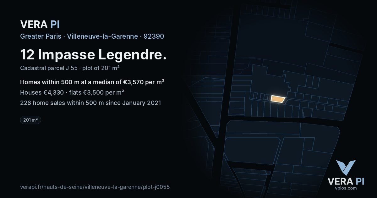 12 Impasse Legendre, Villeneuve-la-Garenne at night – the plot lit, the parcels around coloured by the prices near them