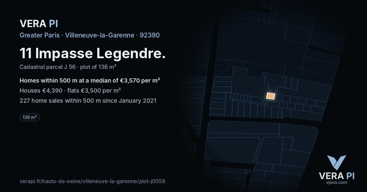 11 Impasse Legendre, Villeneuve-la-Garenne at night – the plot lit, the parcels around coloured by the prices near them