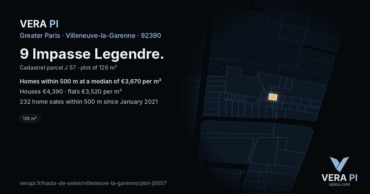 9 Impasse Legendre, Villeneuve-la-Garenne at night – the plot lit, the parcels around coloured by the prices near them