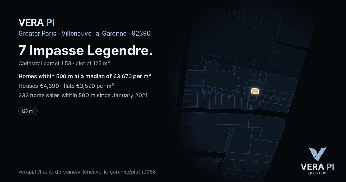 7 Impasse Legendre, Villeneuve-la-Garenne at night – the plot lit, the parcels around coloured by the prices near them