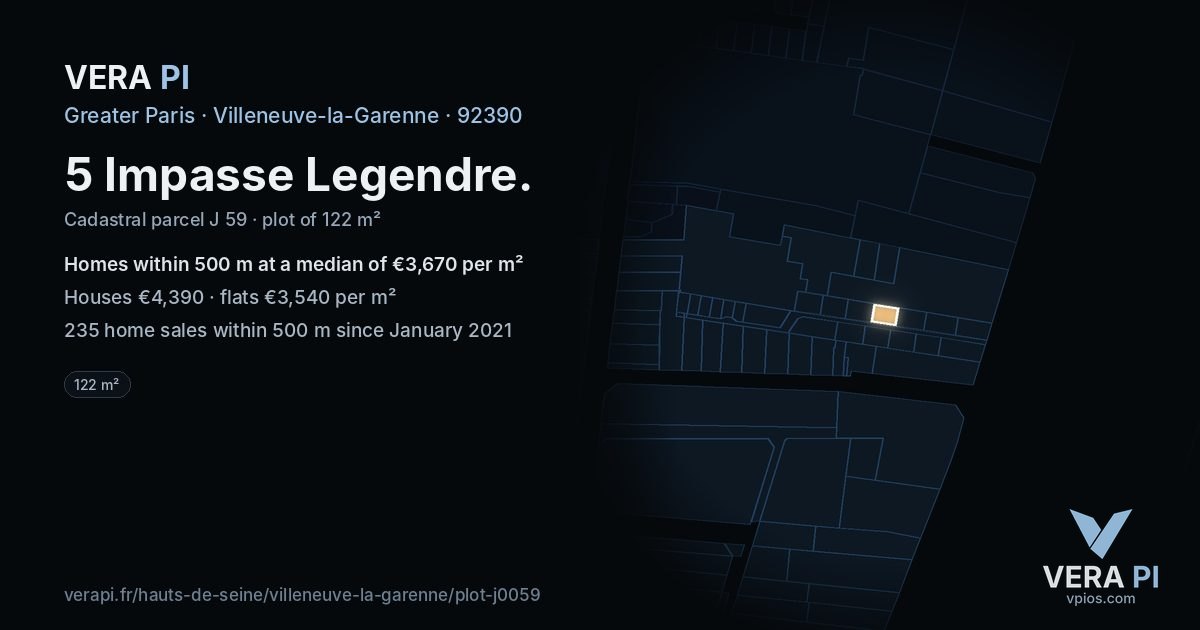 5 Impasse Legendre, Villeneuve-la-Garenne at night – the plot lit, the parcels around coloured by the prices near them