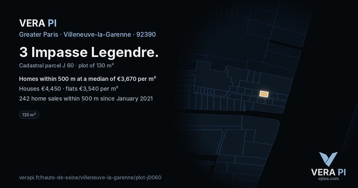 3 Impasse Legendre, Villeneuve-la-Garenne at night – the plot lit, the parcels around coloured by the prices near them