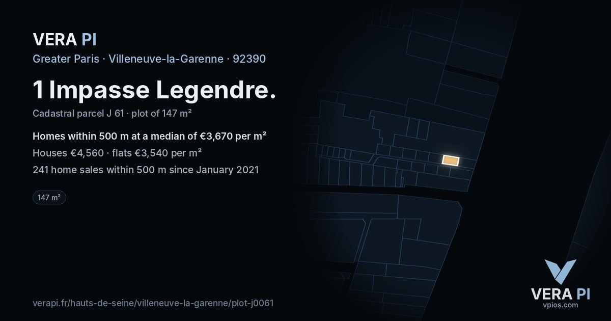 1 Impasse Legendre, Villeneuve-la-Garenne at night – the plot lit, the parcels around coloured by the prices near them