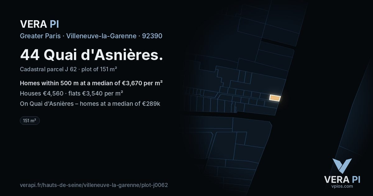 44 Quai d'Asnières, Villeneuve-la-Garenne at night – the plot lit, the parcels around coloured by the prices near them