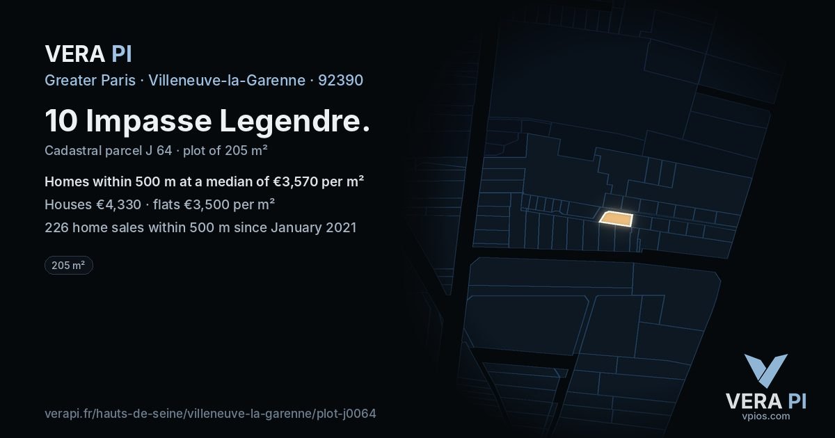10 Impasse Legendre, Villeneuve-la-Garenne at night – the plot lit, the parcels around coloured by the prices near them