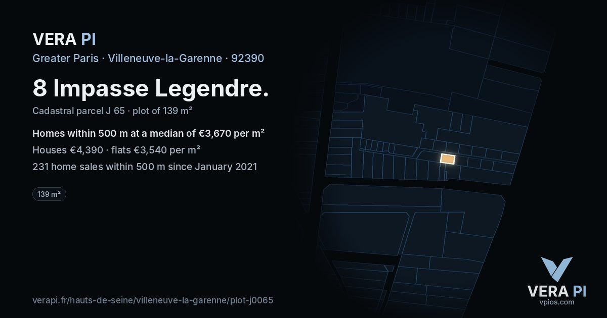 8 Impasse Legendre, Villeneuve-la-Garenne at night – the plot lit, the parcels around coloured by the prices near them