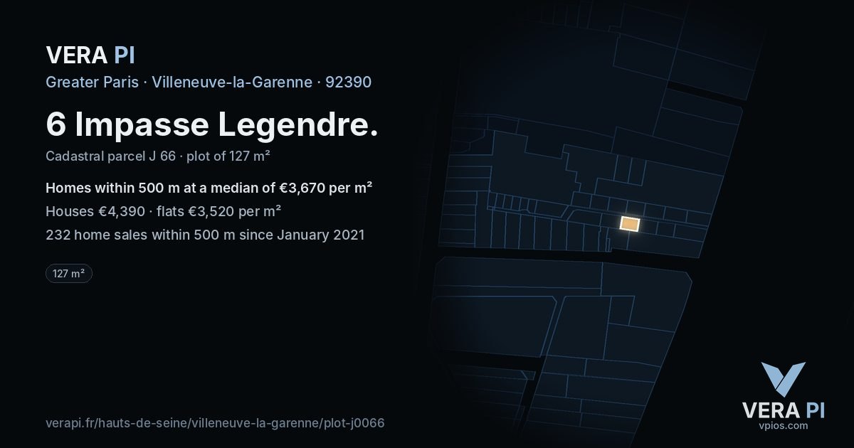 6 Impasse Legendre, Villeneuve-la-Garenne at night – the plot lit, the parcels around coloured by the prices near them