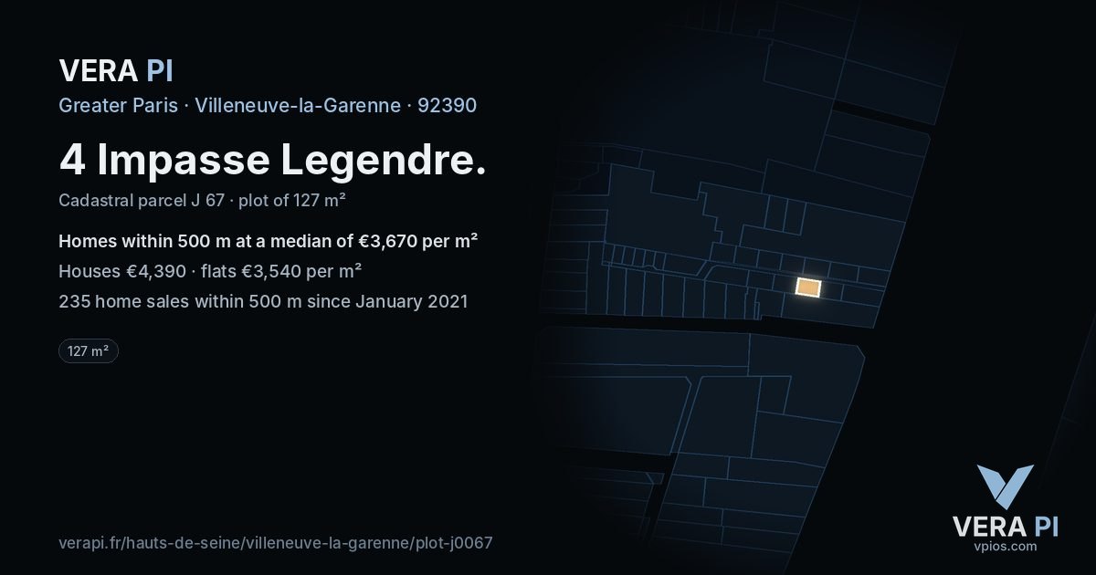 4 Impasse Legendre, Villeneuve-la-Garenne at night – the plot lit, the parcels around coloured by the prices near them