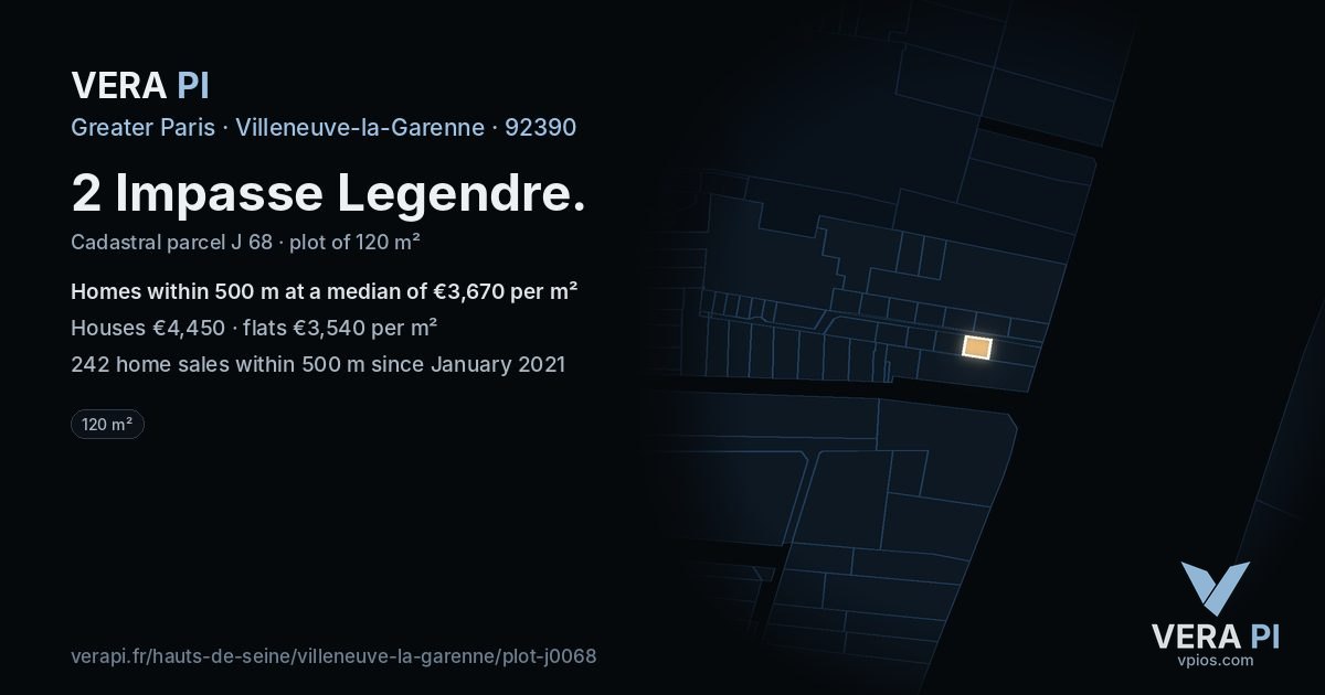 2 Impasse Legendre, Villeneuve-la-Garenne at night – the plot lit, the parcels around coloured by the prices near them