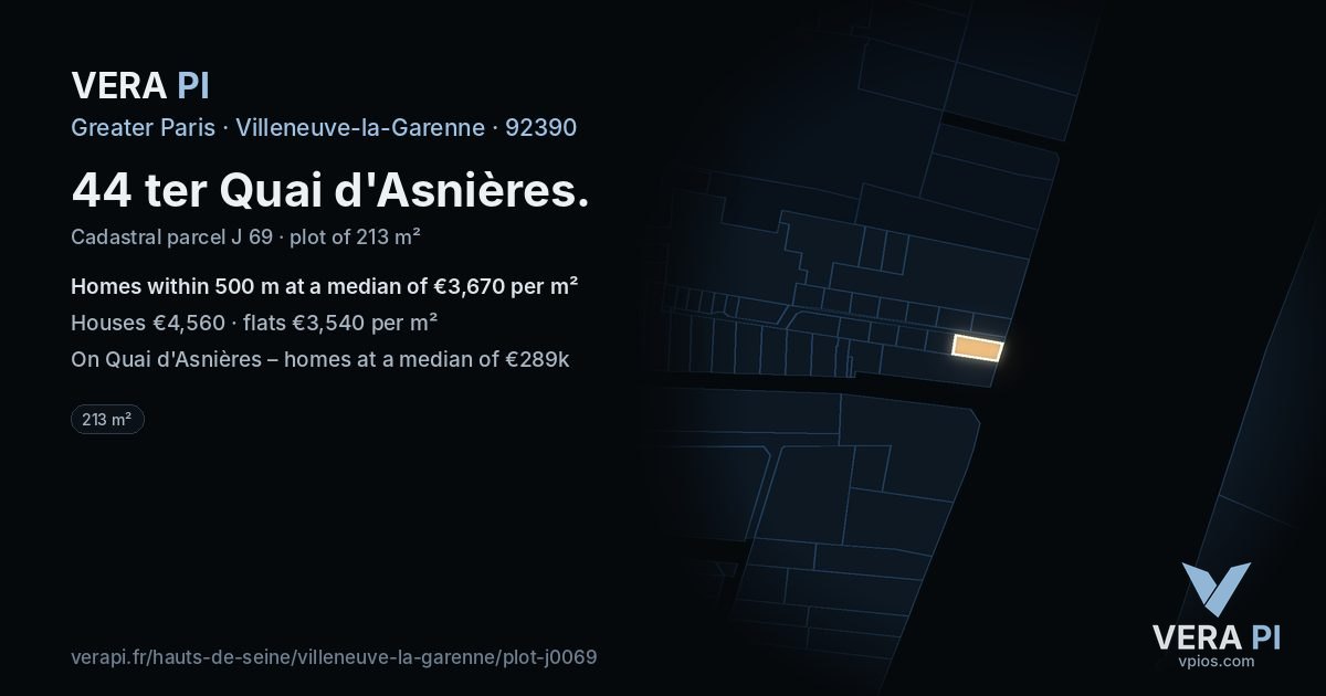 44 ter Quai d'Asnières, Villeneuve-la-Garenne at night – the plot lit, the parcels around coloured by the prices near them