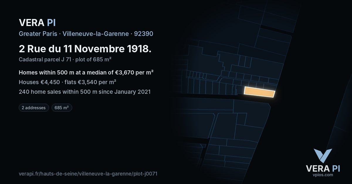 2 Rue du 11 Novembre 1918, Villeneuve-la-Garenne at night – the plot lit, the parcels around coloured by the prices near them