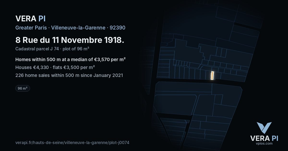 8 Rue du 11 Novembre 1918, Villeneuve-la-Garenne at night – the plot lit, the parcels around coloured by the prices near them