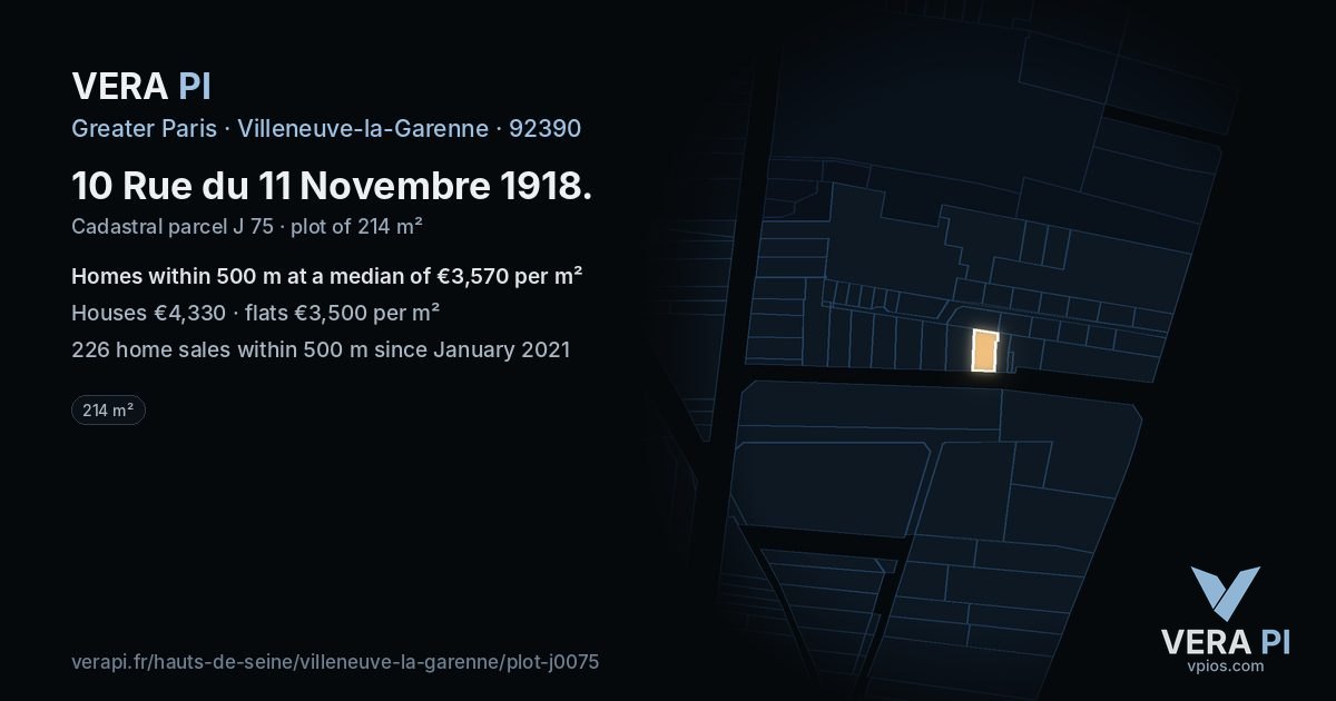 10 Rue du 11 Novembre 1918, Villeneuve-la-Garenne at night – the plot lit, the parcels around coloured by the prices near them