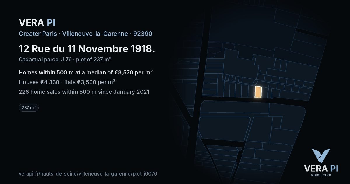 12 Rue du 11 Novembre 1918, Villeneuve-la-Garenne at night – the plot lit, the parcels around coloured by the prices near them