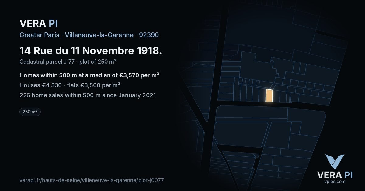 14 Rue du 11 Novembre 1918, Villeneuve-la-Garenne at night – the plot lit, the parcels around coloured by the prices near them