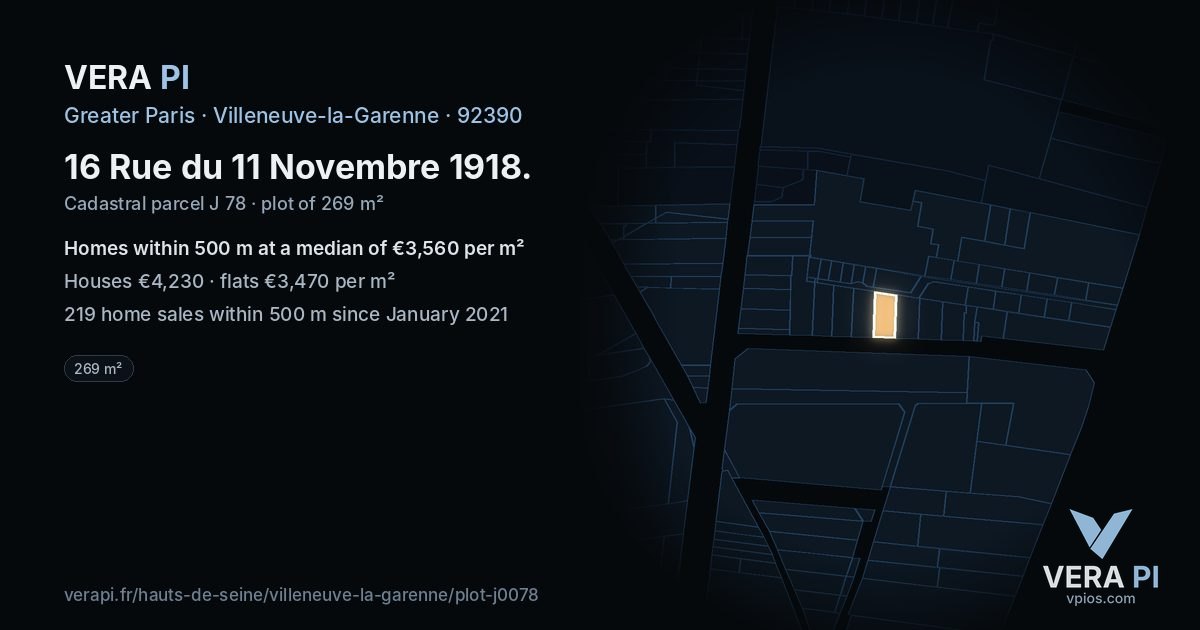 16 Rue du 11 Novembre 1918, Villeneuve-la-Garenne at night – the plot lit, the parcels around coloured by the prices near them
