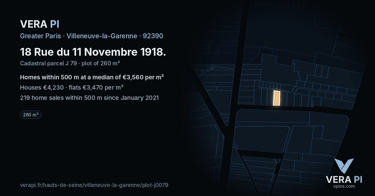 18 Rue du 11 Novembre 1918, Villeneuve-la-Garenne at night – the plot lit, the parcels around coloured by the prices near them