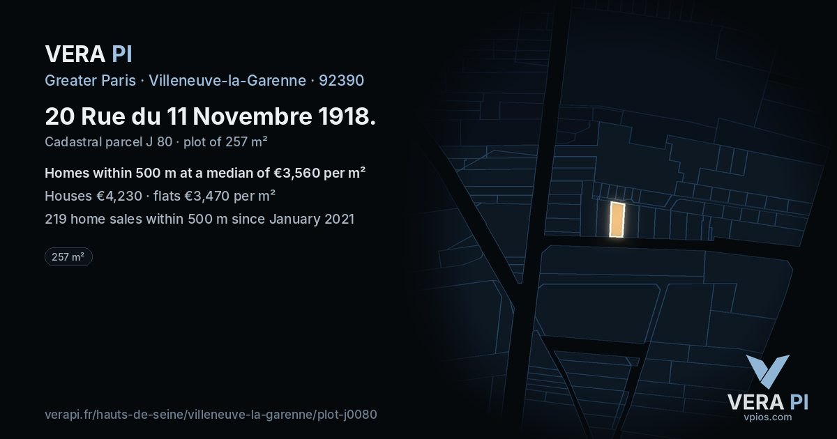 20 Rue du 11 Novembre 1918, Villeneuve-la-Garenne at night – the plot lit, the parcels around coloured by the prices near them