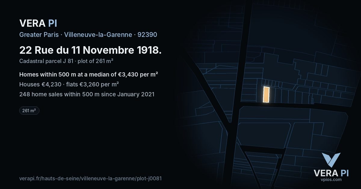 22 Rue du 11 Novembre 1918, Villeneuve-la-Garenne at night – the plot lit, the parcels around coloured by the prices near them