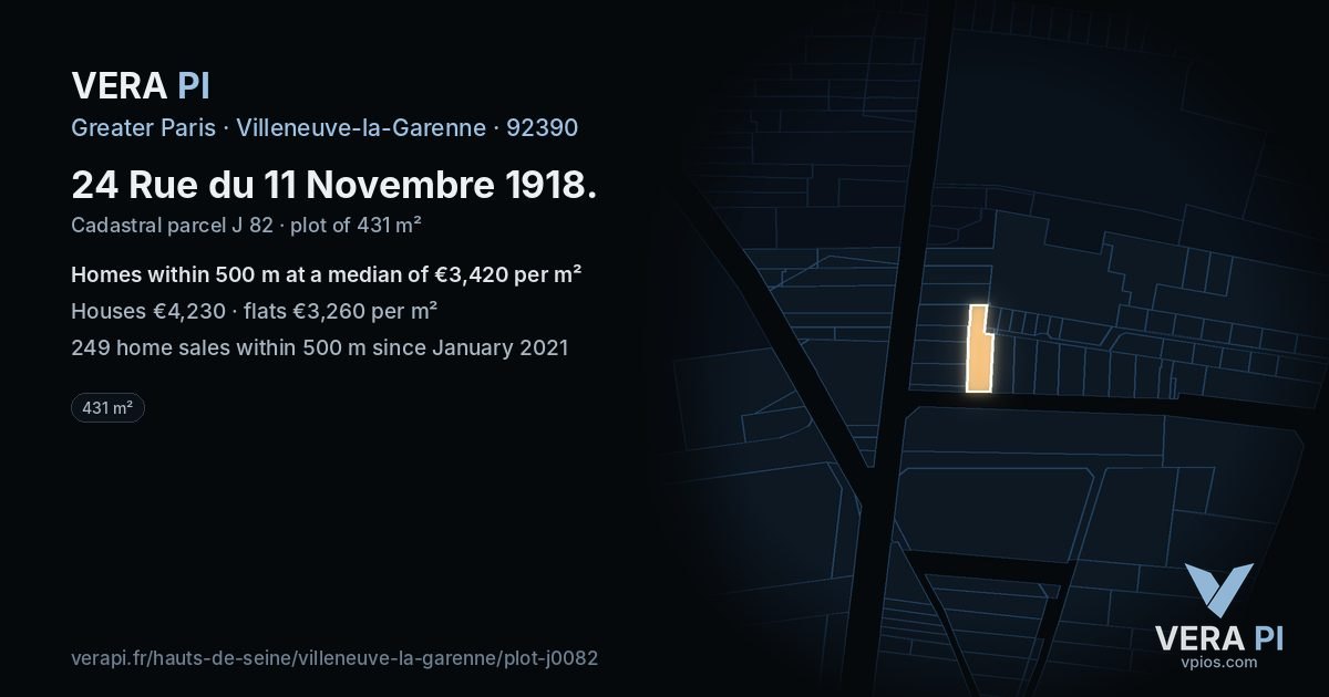 24 Rue du 11 Novembre 1918, Villeneuve-la-Garenne at night – the plot lit, the parcels around coloured by the prices near them