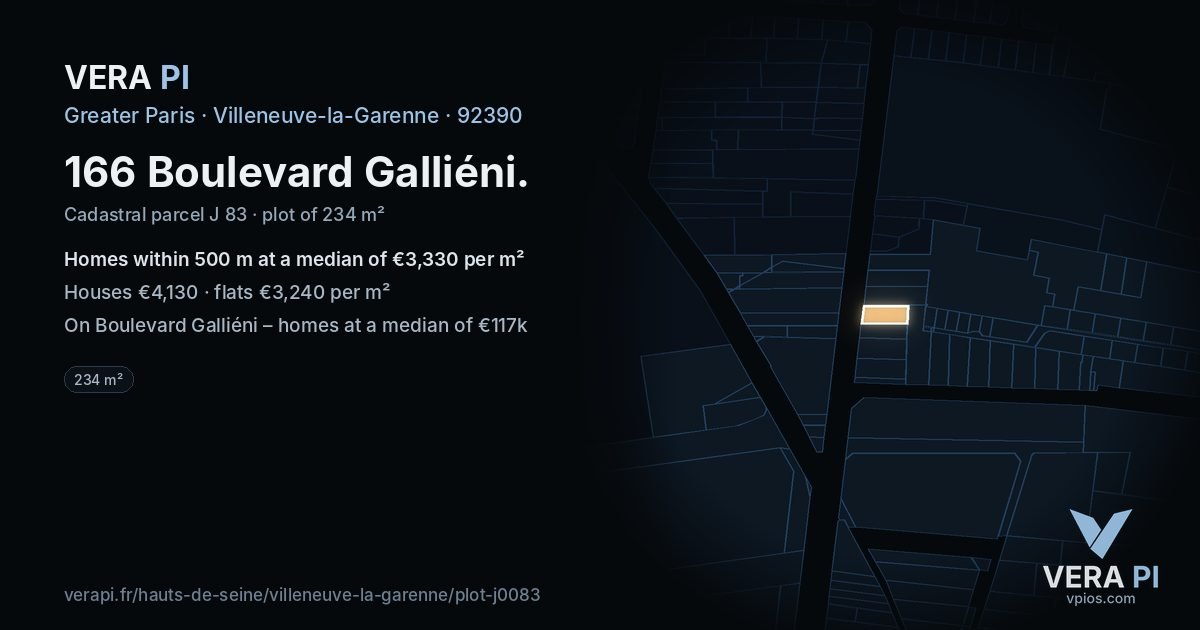 166 Boulevard Galliéni, Villeneuve-la-Garenne at night – the plot lit, the parcels around coloured by the prices near them