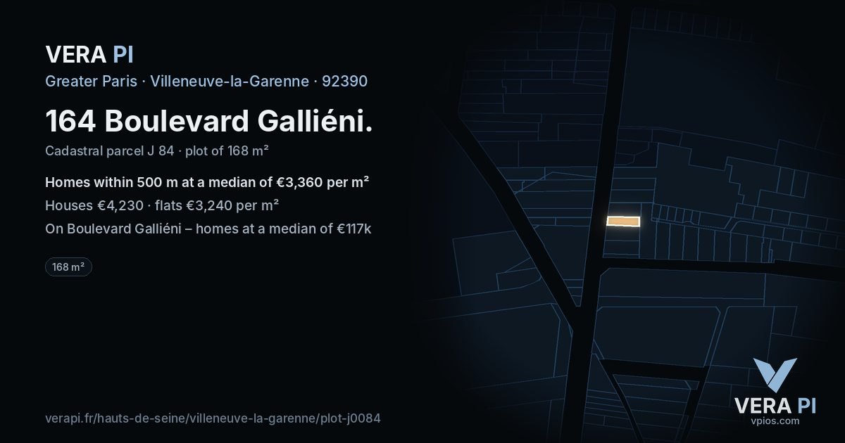 164 Boulevard Galliéni, Villeneuve-la-Garenne at night – the plot lit, the parcels around coloured by the prices near them