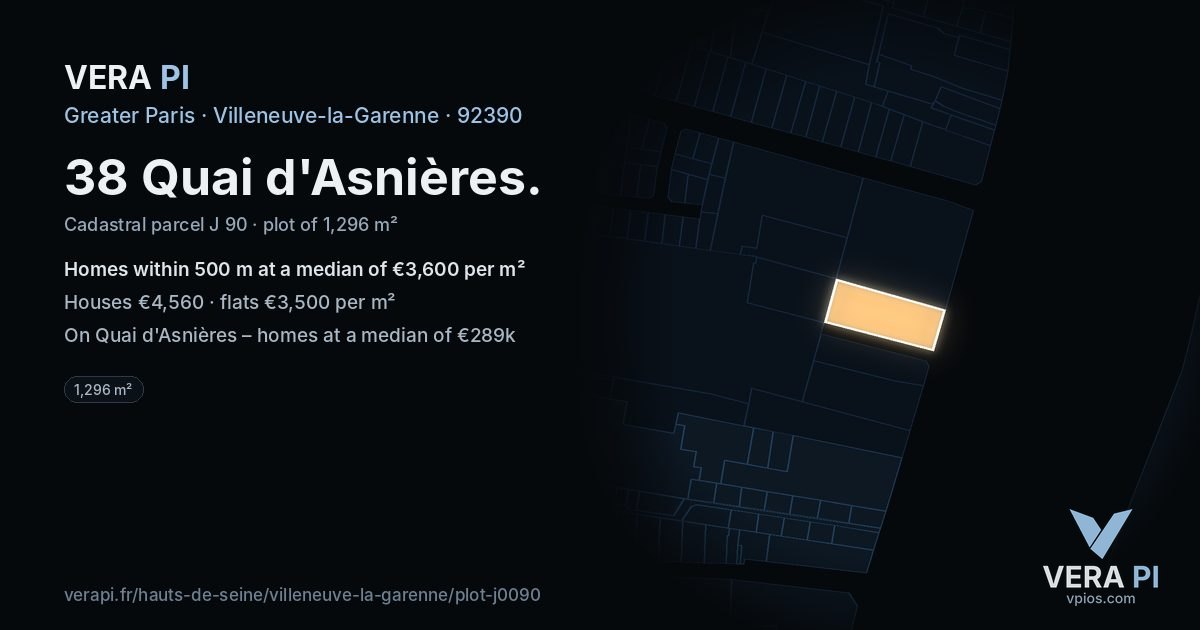 38 Quai d'Asnières, Villeneuve-la-Garenne at night – the plot lit, the parcels around coloured by the prices near them