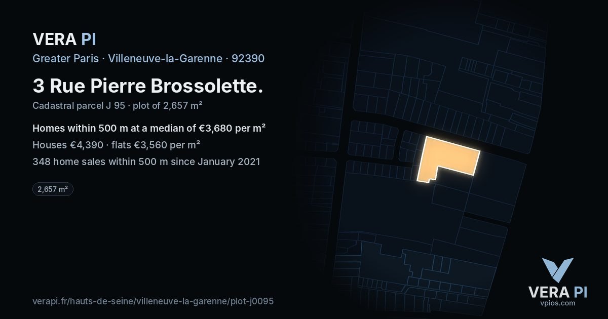 3 Rue Pierre Brossolette, Villeneuve-la-Garenne at night – the plot lit, the parcels around coloured by the prices near them