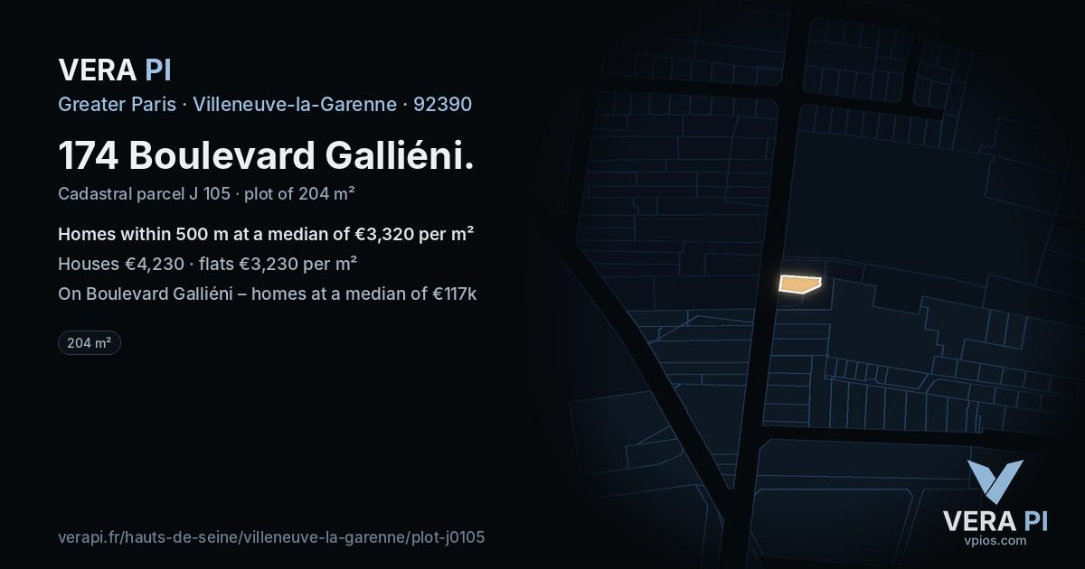 174 Boulevard Galliéni, Villeneuve-la-Garenne at night – the plot lit, the parcels around coloured by the prices near them