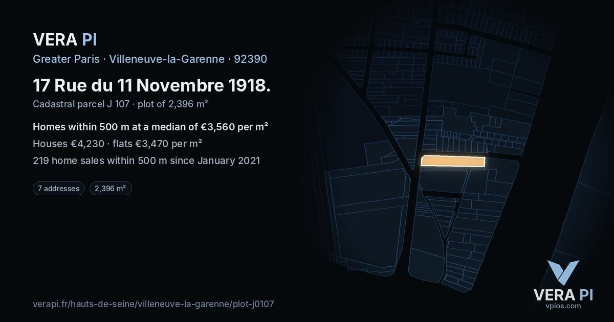 17 Rue du 11 Novembre 1918, Villeneuve-la-Garenne at night – the plot lit, the parcels around coloured by the prices near them