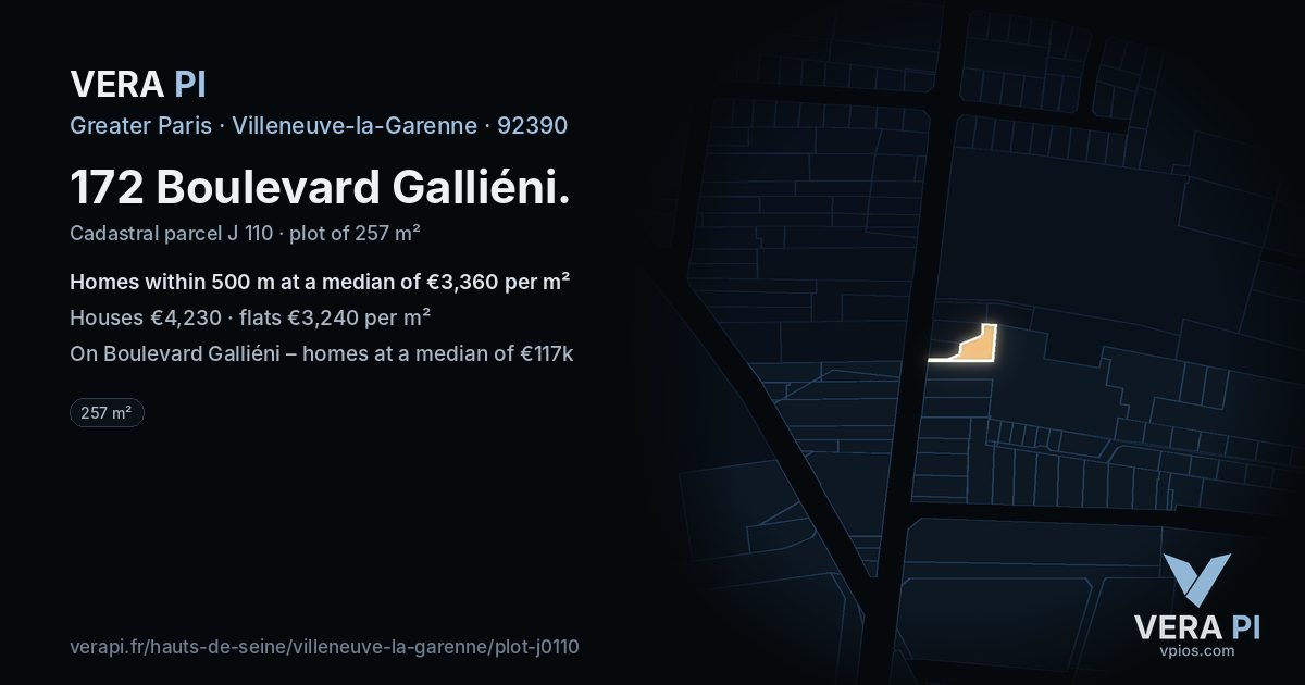 172 Boulevard Galliéni, Villeneuve-la-Garenne at night – the plot lit, the parcels around coloured by the prices near them