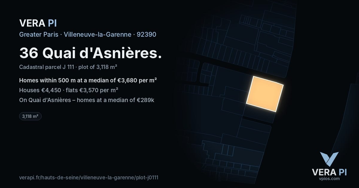 36 Quai d'Asnières, Villeneuve-la-Garenne at night – the plot lit, the parcels around coloured by the prices near them