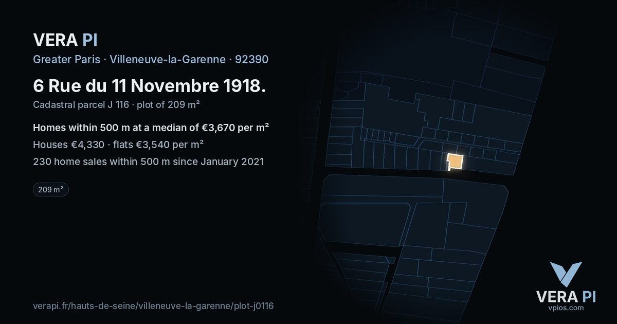 6 Rue du 11 Novembre 1918, Villeneuve-la-Garenne at night – the plot lit, the parcels around coloured by the prices near them