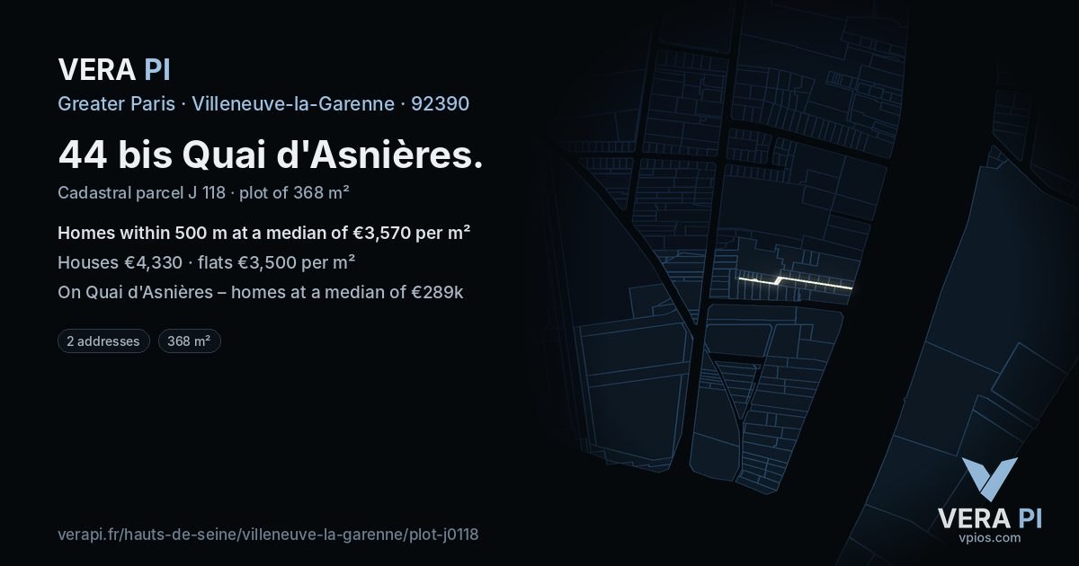 44 bis Quai d'Asnières, Villeneuve-la-Garenne at night – the plot lit, the parcels around coloured by the prices near them