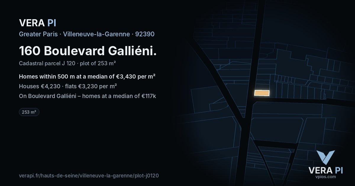 160 Boulevard Galliéni, Villeneuve-la-Garenne at night – the plot lit, the parcels around coloured by the prices near them