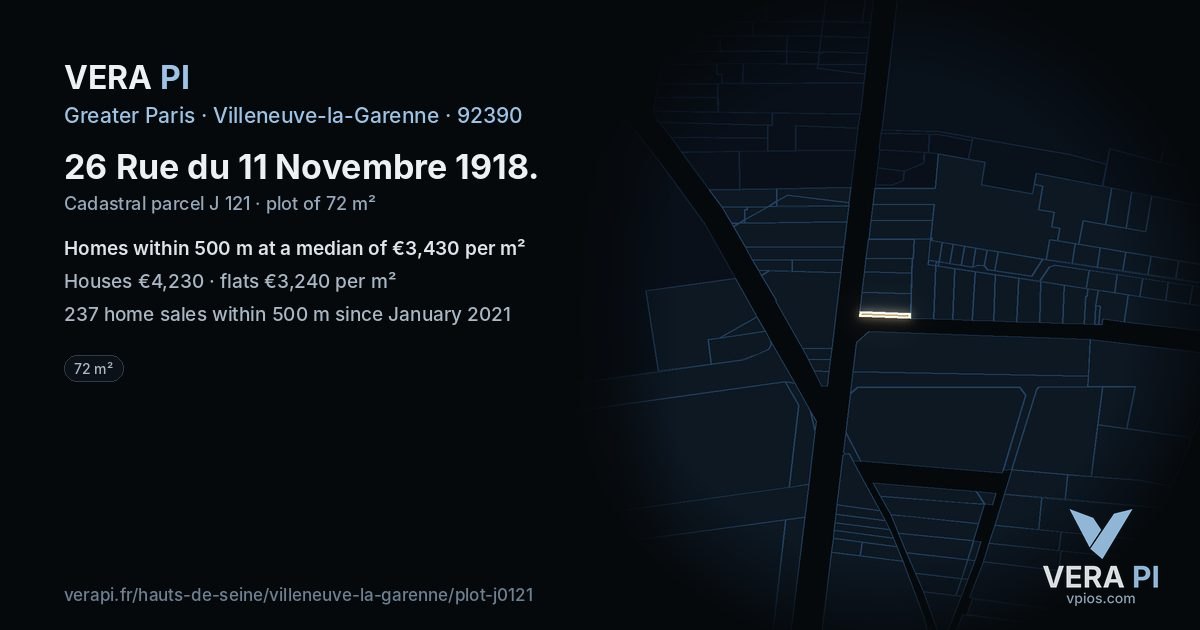 26 Rue du 11 Novembre 1918, Villeneuve-la-Garenne at night – the plot lit, the parcels around coloured by the prices near them